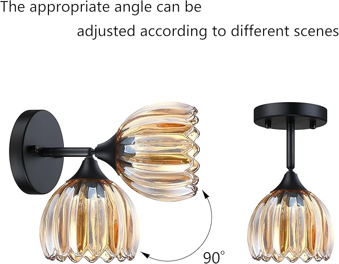 2 Pack 1 Light Vintage Wall Sconces Tulip Amber Glass Lampshade Hradwired Modern Black Wall Lighting Fixture for Bedside Bedroom Doorway