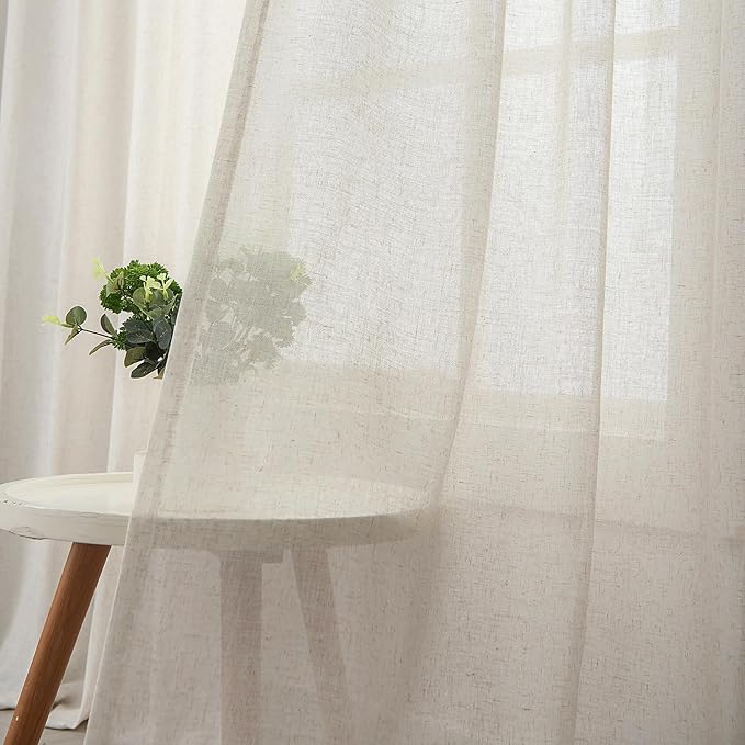 102 Inch Long Curtains Sheer Linen Faux, Natural Light Filtering 2 Panels Set, Neutral Cream Beige Farmhouse Drapes for Living Room, DIY Pinch Pleat Sliding Glass Door Curtain