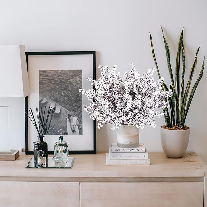 Sggvecsy 6 Pcs Babys Breath Artificial Flowers Gypsophila Bouquets Bulk Real Touch Fake Silk Flowers for Home Wedding DIY Floral Arrangement Kitchen Table Centerpiece Festival Decoration (White)