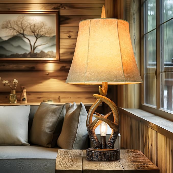 Scenekoy Rustic Farmhouse Antlers Bedside Table Lamp Set of 2 with Nightlight Dual USB Ports Leather Soft Bell Shade Brown Finish nightstand Lamp Decor for Living Room Bedroom Office House Hotel