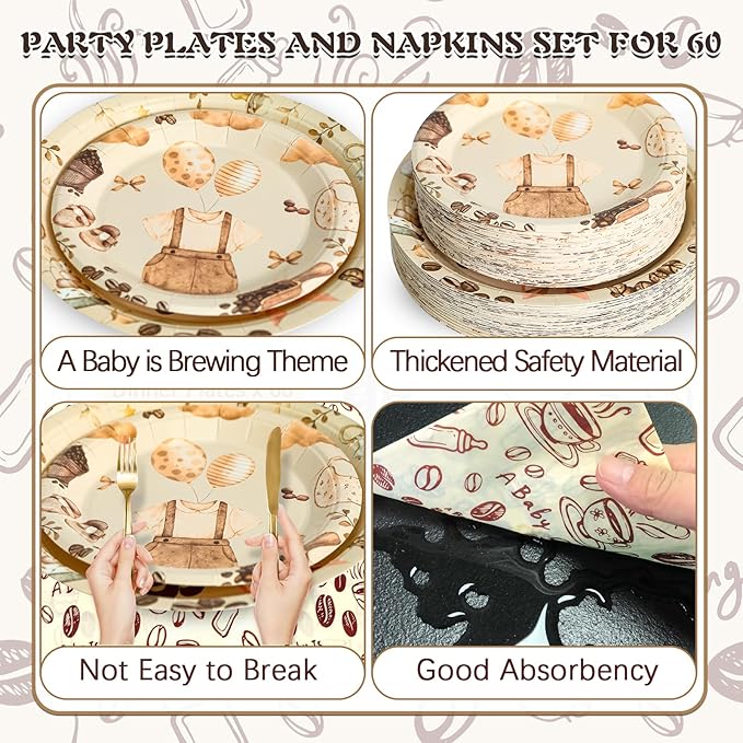 180Pcs Coffee Baby Shower Party Supplies Paper Plates and Napkins Serve 60 Disposable Tableware Set for A Baby is Brewing Baby Shower Decoration and Pregnancy Party