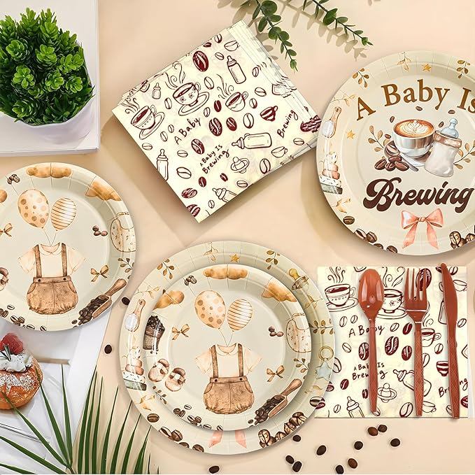180Pcs Coffee Baby Shower Party Supplies Paper Plates and Napkins Serve 60 Disposable Tableware Set for A Baby is Brewing Baby Shower Decoration and Pregnancy Party