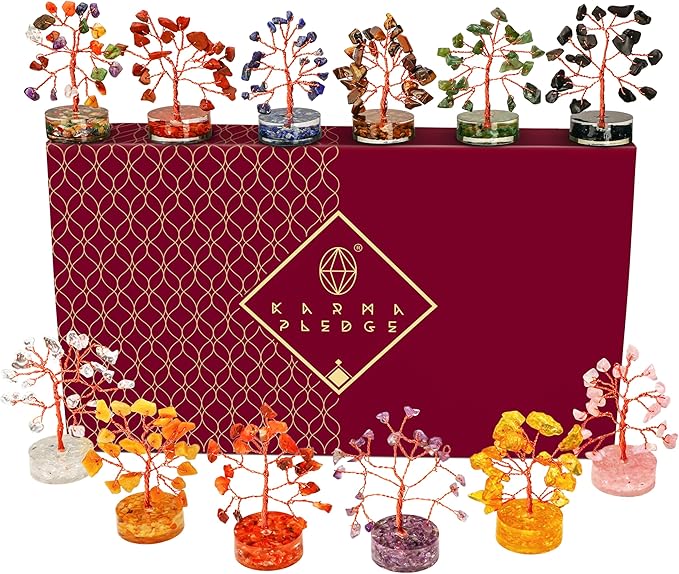 Crystal Tree Desk Decoration, Tree of Life 7 Chakra Healing Crystals & Stones for Positive Energy, Good Luck Gifts for Women and Mens, Set of 12 Handcrafted Trees for Home & Office (Orgone Base)