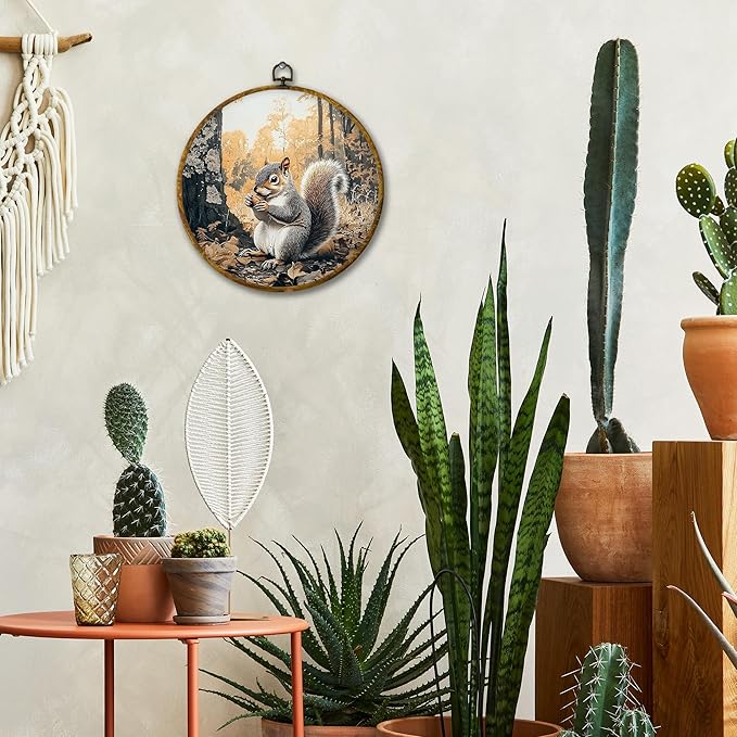 Mcehtle Vintage Fall Squirrel Wall Art Decor, Rustic Autumn Nature Forest Squirrel Framed Canvas Prints 10x10, Fall Wild Animal Farmhouse Round Wall Hanging Artwork Decorations for Home Bedroom