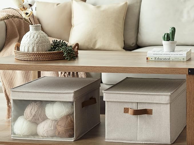 StorageWorks Storage Bins with Lid and Clear Window, Fabric Storage Boxes with Lids, Stackable Basket for Shelves, Closet Organizer and Storage Bins, Brown and Beige, Large, 4-Pack