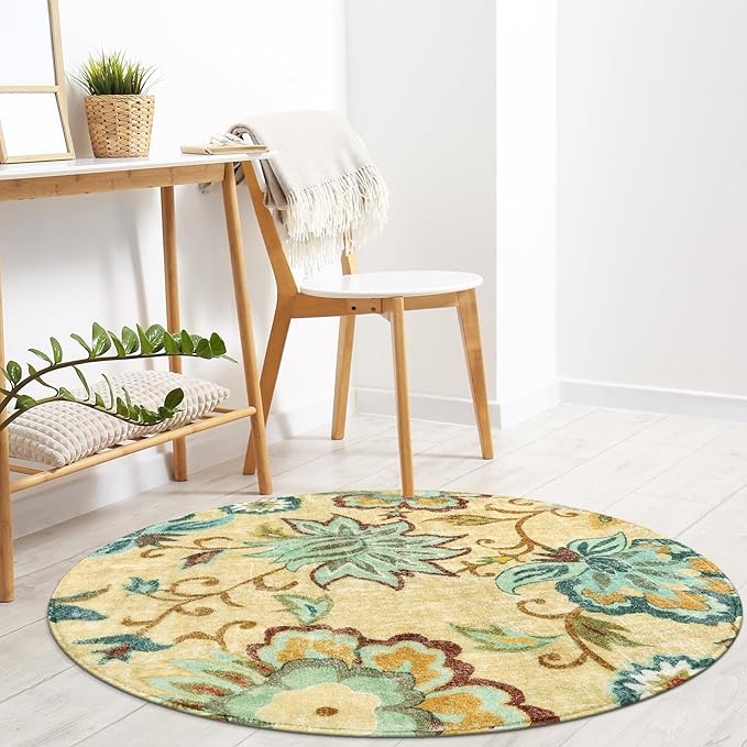 Lahome Floral Small Circle Rug, 3Ft Round, Washable Non-Slip Throw, Soft Boho, Beige Paisley Print, Indoor Area Rug for Kitchen, Bedroom, Nursery, Kids