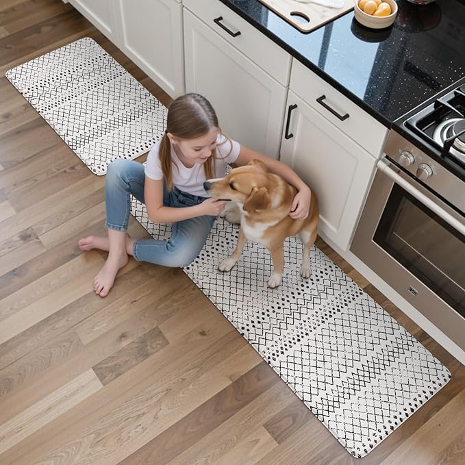 KIMODE Kitchen Mats 2PCS,Anti Fatigue Geometric Kitchen Rugs,Non Slip Waterproof Kitchen Mats for Floor,Cushioned Comfort Foam Standing Desk Mat for Home, Office, Sink,Laundry,Black and White