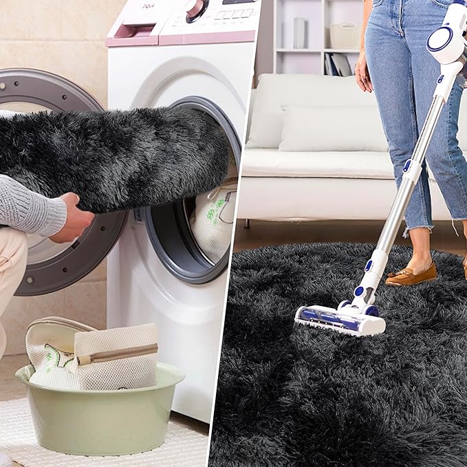 4x4 ft Tie Dye Black Round Rug for Bedroom Room Fluffy Circle Rug Furry Carpet Shaggy Circular Fuzzy Washable Non-Slip Large Area Rug Soft Indoor for Living Room Cute Aesthetic Home Decor