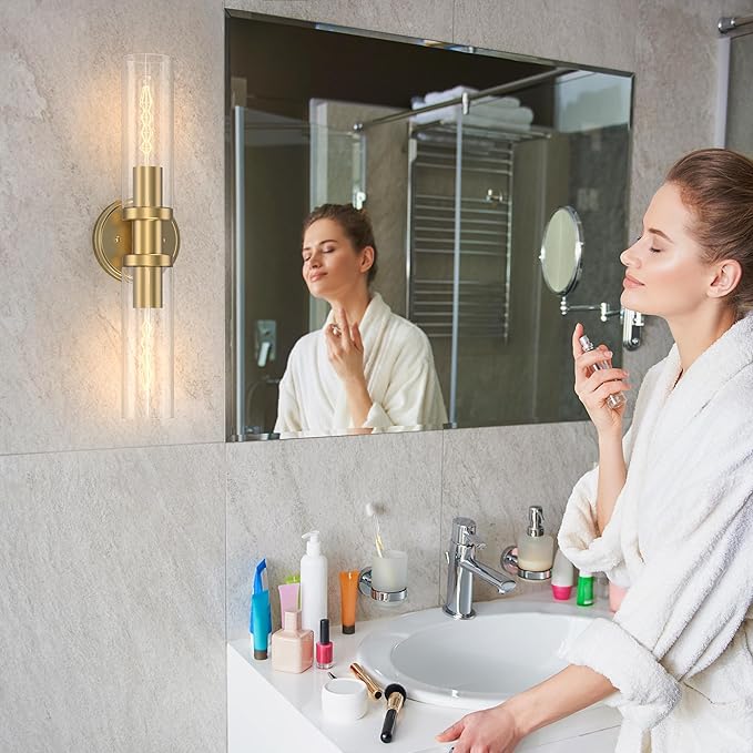 Espird Bathroom Light Fixtures 2-Light Gold, Bathroom Vanity Lights Over Mirror, Wall Sconces, Industrial Lighting, Modern Brushed Gold Vanity Lighting Fixtures w/Glass Shades