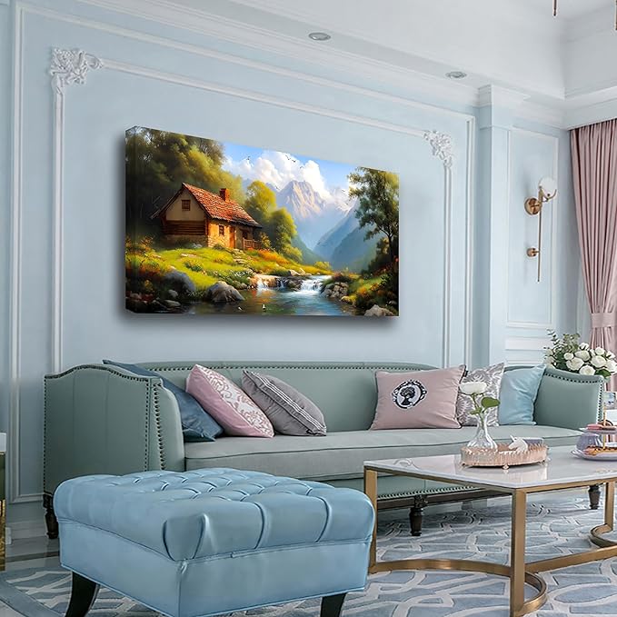 Country House Wall Art Bedroom Landscape Wall Decor Living Room,Oil Painting Green Forest Canvas Wall Art Office Farmhouse Artwork Modern Flowing Water SceneryWall Art Prints Pictures 20 * 40inch