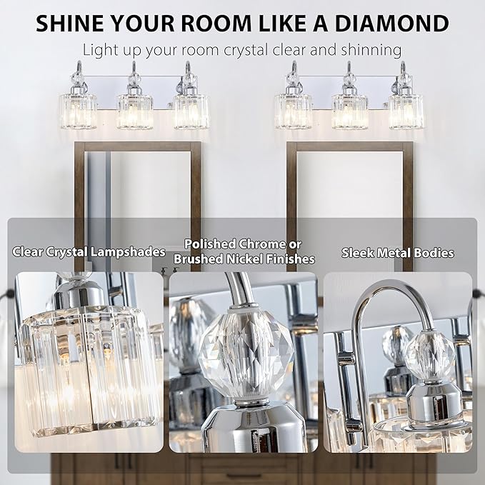Bathroom Vanity Light Fixtures Over Mirror - Makeup Lighting Chrome - for Modern Wall, Bath, Desk, Farmhouse, Hallway 3 Crystal Lights
