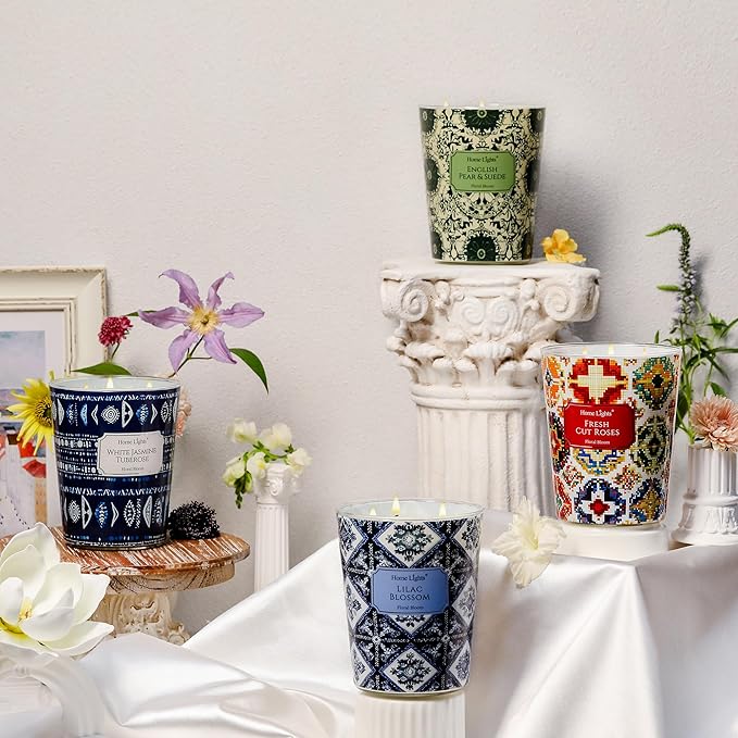 HomeLights Scented Candles for Women & Men, 34oz Candle Jars Aromatherapy 3-Wick Candle, Ideal for Bohemian Natural Textures Home Decor and Gifts, White Jasmine Tuberose