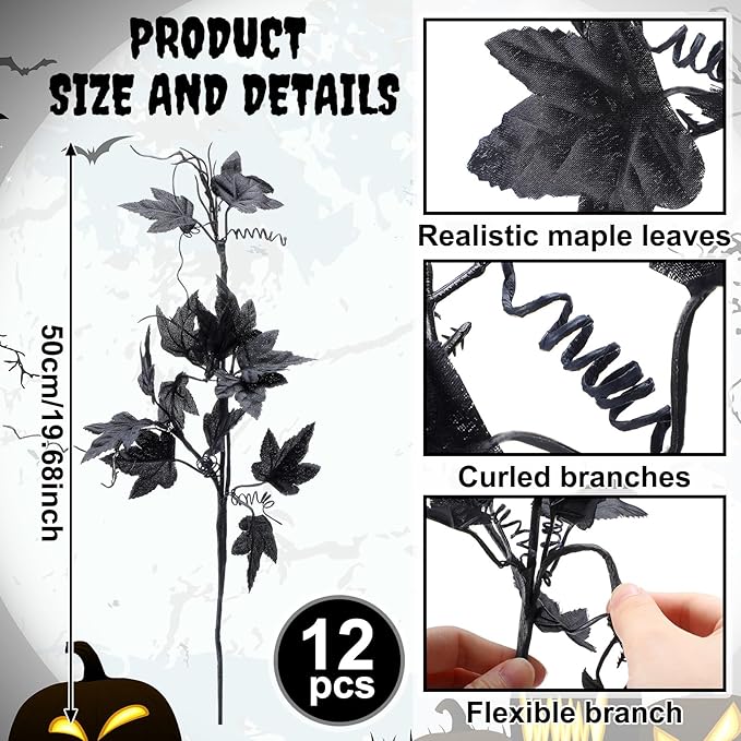 12 Pcs 19.7 Inch Artificial Halloween Flowers Decorations Black Floral Stem Leaves Picks Branches Black Gothic Halloween Table Decorations for Home Indoor Party Vase Arrangement Decor