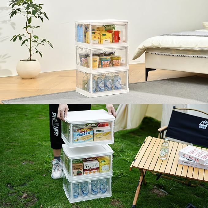 Stackable Plastic Storage Bins with Lids, Foldable Closet Organizers and Storage, 3 Drawer Storage Organizer,Clear Stackable Containers for Wardrobe,Bedroom,Office,Dorm