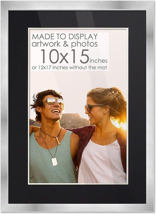 10x15 Frame Silver Wood with Black Mat | 12x17 Frame Matted to 10x15 | Display Your Photo Under UV Acrylic Shatter Guard Front, with Foam Board Backing and Wall Hanging Hardware - Solid Wood Frame