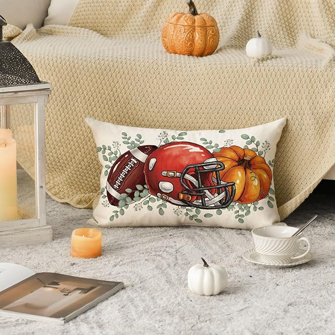 AVOIN colorlife Fall Football Pumpkin Throw Pillow Cover 12x20 Inch, Seasonal Autumn Eucalyptus Leaves Thanksgiving Harvest Cushion Case Decoration for Sofa Couch