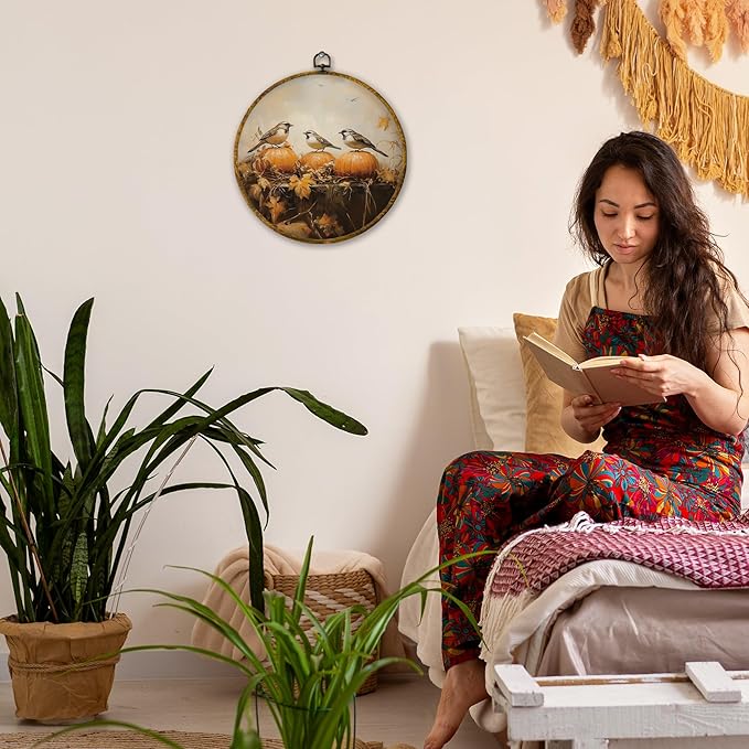 Mcehtle Rustic Fall Bird Pumpkin Wall Art Decor, Autumn Maple Leaf Sparrow Bird Framed Canvas Prints 10x10, Thanksgiving Halloween Farmhouse Round Wall Hanging Artwork Decorations for Home Bedroom