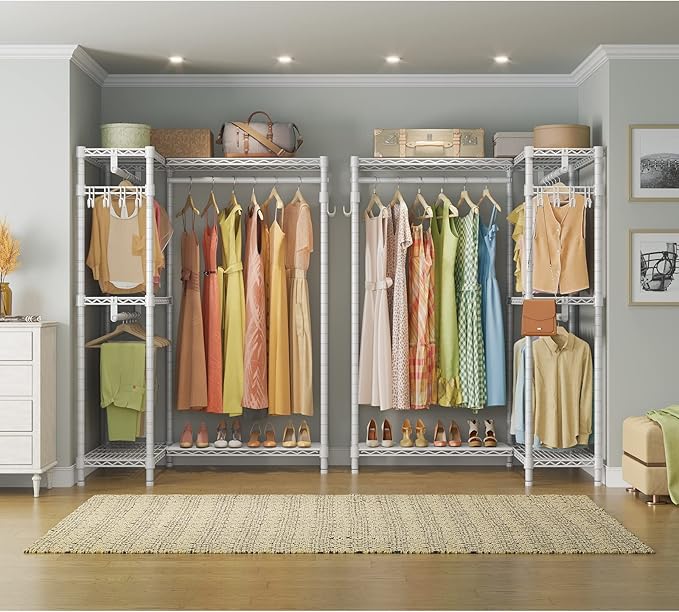 VIPEK L4 Garment Rack L Shaped Clothes Rack for Corner, Freestanding Portable Wardrobe Closet Heavy Duty Clothing Rack with 3 Hanging Rods & 2 Side Hooks, 43.3"Lx29.1"Wx76.4"H, Max Load 810LBS, White