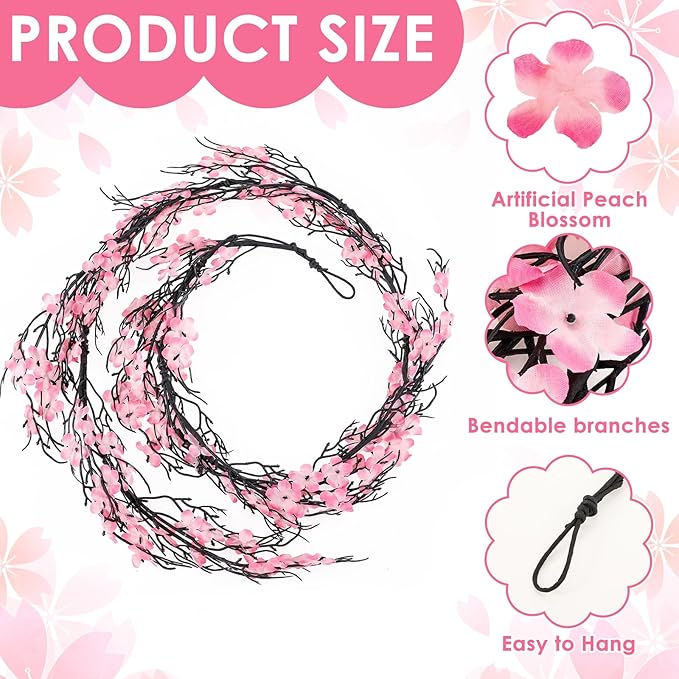 Zeyune 1 Pcs 6ft Long Christmas Witch and Princess Artificial Garland Pink and Green Peach Blossom with Dead Branches Garlands Decor for Front Door Kitchen Fireplace Home Indoor Outdoor