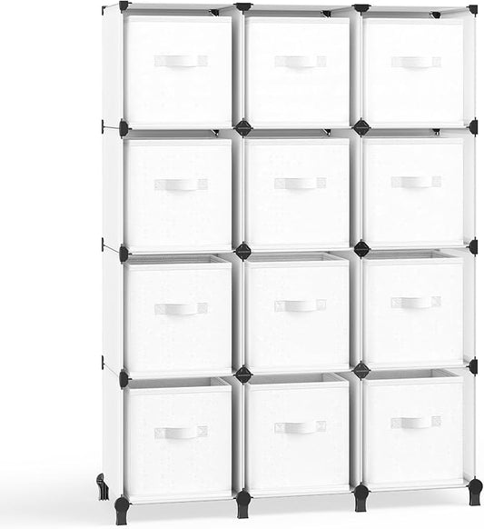 SONGMICS Cube Storage Organizer with Storage Boxes, Set of 12-Cube Organizer, 12 Collapsible Non-Woven Fabric Bins, Customizable, Space-Saving, Bedroom, Cloud White ULPC122W01