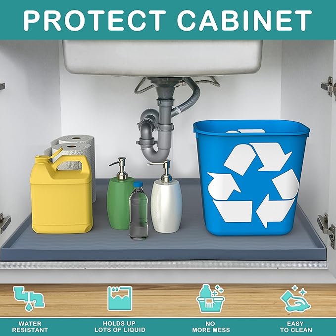 URMONA Waterproof Silicone Under Sink Mat 28'' x 22'' Shelf Liner for Kitchen and Bathroom, Cabinet and Counter Protector, Storage and Organizers, Litter Mat, Pet Cat Puppy Essentials(Dark Grey)