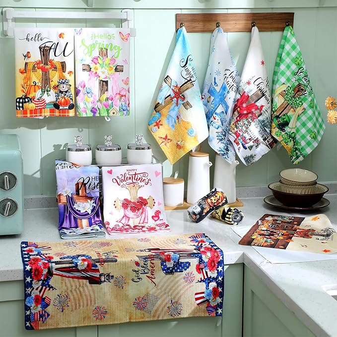 12 Pcs Seasonal Kitchen Towels Set for All Holidays Hand Dish Tea Towels Fall Halloween Christmas Cute Drying Dishcloths Decorative Absorbent Wash Cloths(Cross Style,Vivid Color)