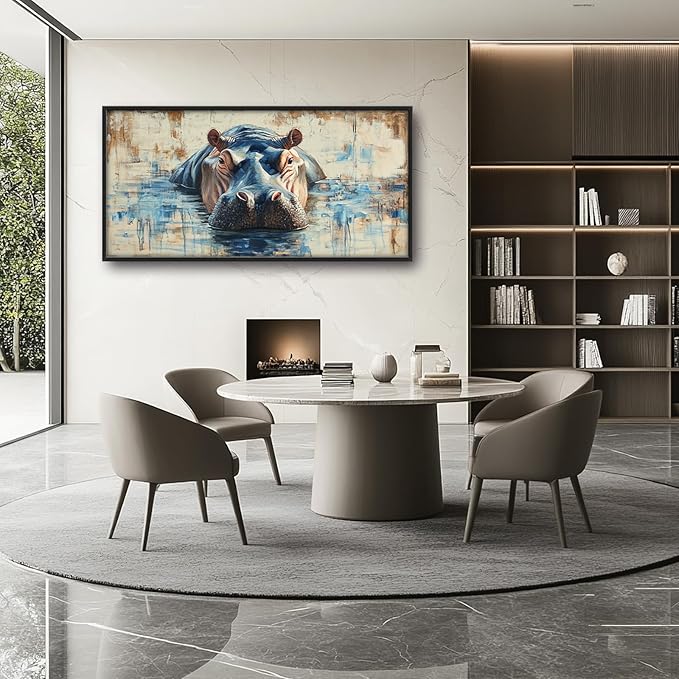 Extra Large Framed Abstract Hippo Wall Art,Oversized African Hippopotamus Wild Animal Wall Decor,Vintage Pictures for Living Room,Canvas Print Painting Modern Artwork Bedroom Office Bathroom 60L x30W