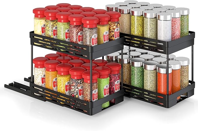 Pull Out Spice Rack Organizer for Cabinet, 2 Pack Widen Slide Out Spice Racks Organizer, Spice Cabinet Organizers, Cabinet Size Need:12'' Highx11'' Deepx6.75'' Wide,Hold 15 Spice Jar Each Tier-2Tier