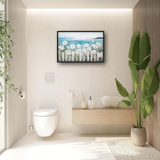 Large Coastal Ocean Wall Art for Living Room, Coastline Beach Flower Oversized Wall Decor Pictures, Nature Seascape Framed Canvas Print Painting, Modern Artwork for Bedroom Office Home Decor 36"x24"