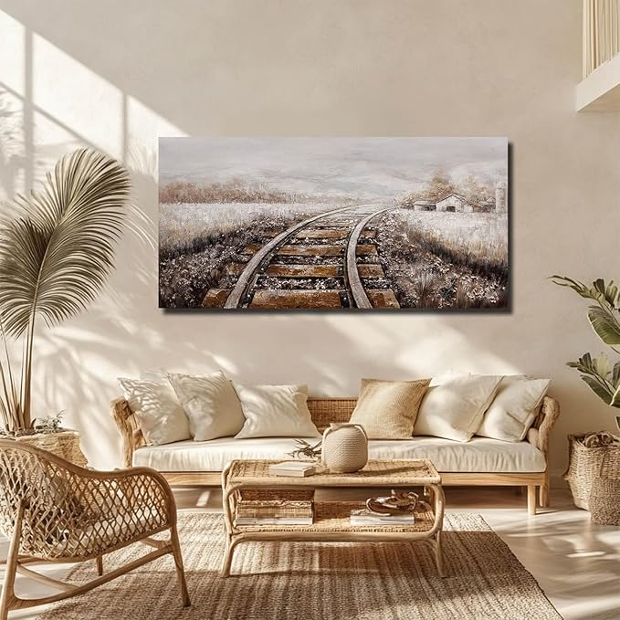 GAIDUOMAI Farmhouse Wall Decor Railway Canvas Painting Countryside Wall Art Mountain Artwork for Bedroom Dining Room 24"x48" hallway decor Grey Picture