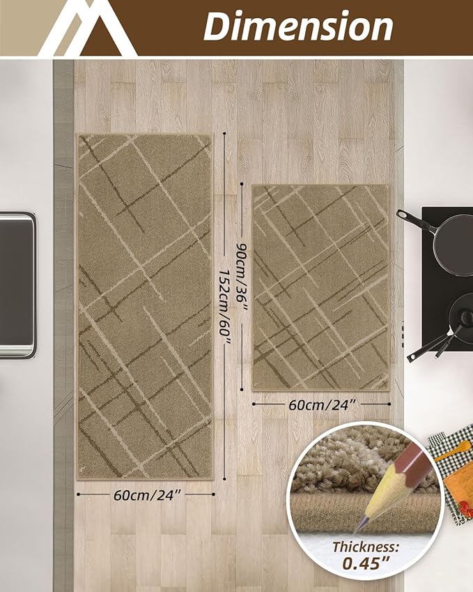 COSY HOMEER Kitchen Mats, 2 PCS Kitchen Rug Non Slip Washable, Absorbent Runner Rugs for Kitchen Floor, Polyester Kitchen Sink Rug 24"x36" + 24"x60"(Beige)
