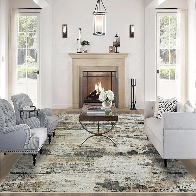 10x14 Area Rugs for Living Room: Large Machine Washable Area Rug with Non Slip Backing Non Shedding Abstract Stain Resistant Carpet for Bedroom Dining Room Nursery Home Office - Beige/Brown