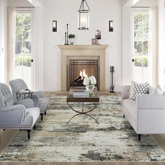 10x14 Area Rugs for Living Room: Large Machine Washable Area Rug with Non Slip Backing Non Shedding Abstract Stain Resistant Carpet for Bedroom Dining Room Nursery Home Office - Beige/Brown