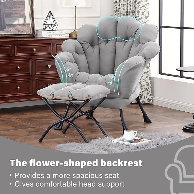 Lazy Chair with Ottoman, Modern Floral Reading Chair with Folding Footrest, Lounge Accent Chairs, Comfortable Oversized Armchairs for Bedroom, Living Room, Courtyard, Light Grey