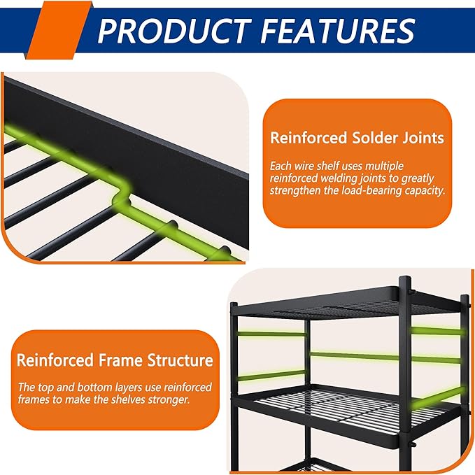 5-Wire Shelving Metal Storage Rack Shelves, Standing Storage Shelf Units for Laundry Bathroom Kitchen Pantry Closet(Black, 21.5L x 12.8W x 50.5H)