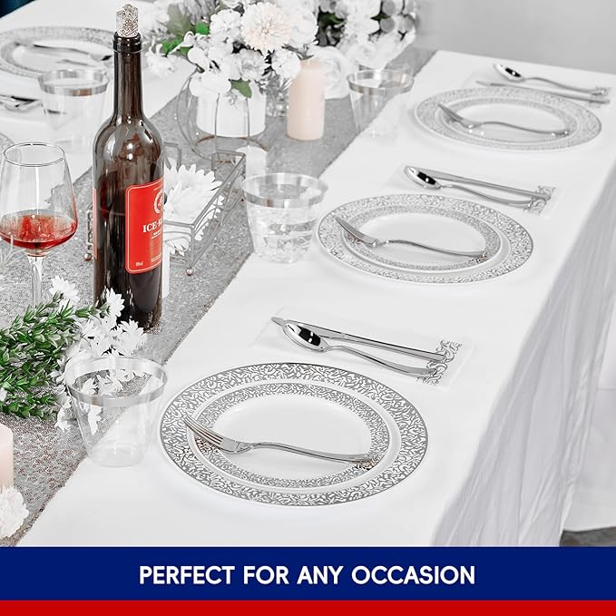 πππ Count Silver Plastic Dinnerware, Silver Disposable Plates, Includes 30 Dinner & 30 Dessert Plates & 30 Cups & 30 Paper Napkins & 30 Plastic Silverware Set
