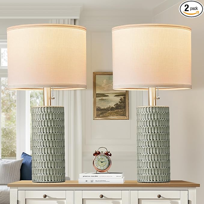 Table Lamps for Living Room Set of 2, Ceramic Table Lamps for Bedroom, 20" Modern Lamps for Night Stands, Green