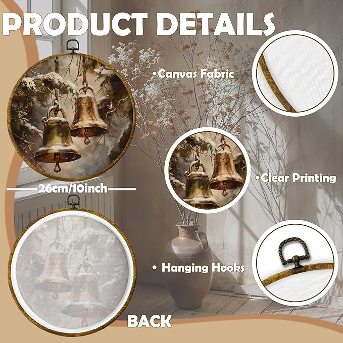 CUANFDDSF Vintage Winter Bells Round Wall Art Decor, Rustic Christmas Xmas Golden Bells Holiday Wall Hanging Frame Decor, Elegant Christmas Canvas Prints Decorations for Home Bedroom, 10x10 Inch