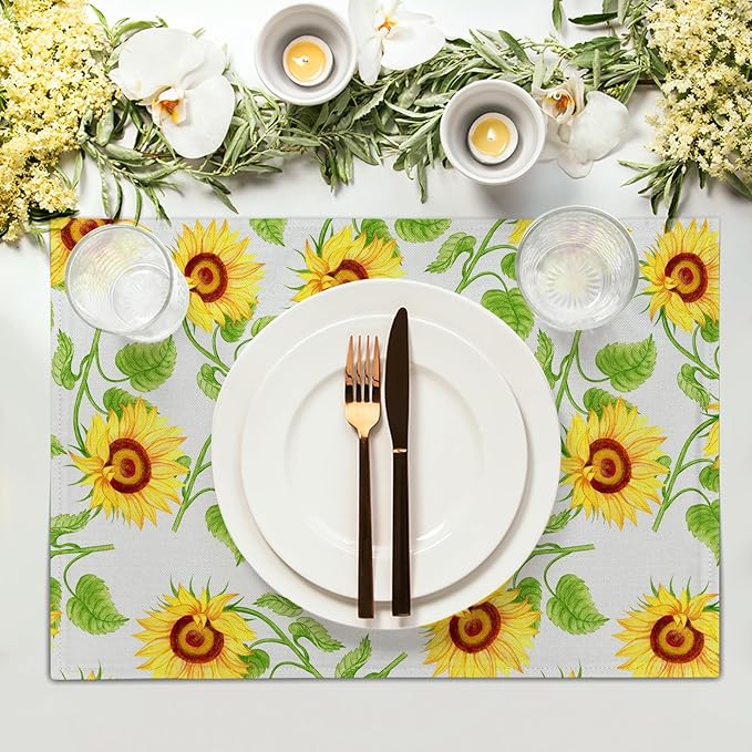 Sunflower Placemats 12×18 Inches Set of 4 Spring Summer Floral Seasonal Indoor Kitchen Dining Table Place Mats for Home Party Decoration