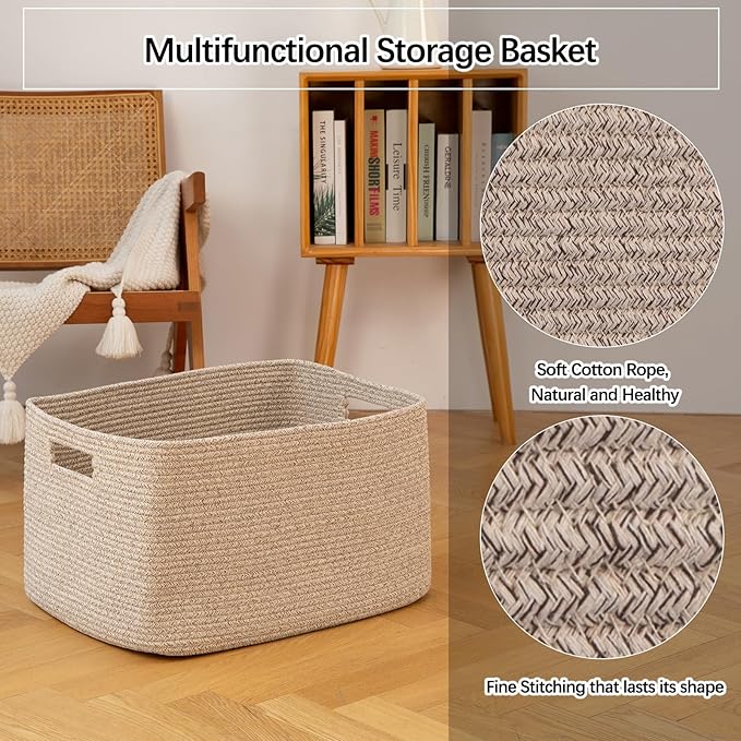 OIAHOMY Cotton Rope Basket, Rectangle Woven Nursery Blanket Basket, Toy Storage Basket with Handle, Baskets for Organizing, 18”x14”x12”, Brown variegated