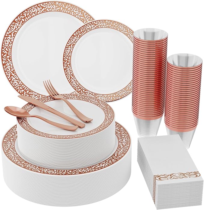 ๐ฎ๐ญ๐ฌ Count Rose Gold Plastic Dinnerware Disposable Plates 30 Dinner & 30 Dessert Plates & 30 Cups & 30 Rose Gold Paper Napkins & 30 Plastic Silverware Set