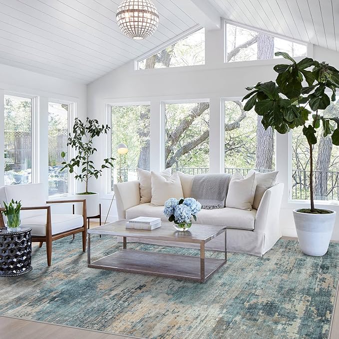 Area Rug Living Room Rugs: 5x7 Rug for Bedroom Machine Washable with Non Slip Backing Non Shedding Abstract Stain Resistant Large Carpet for Dining Room Nursery Home Office - Green