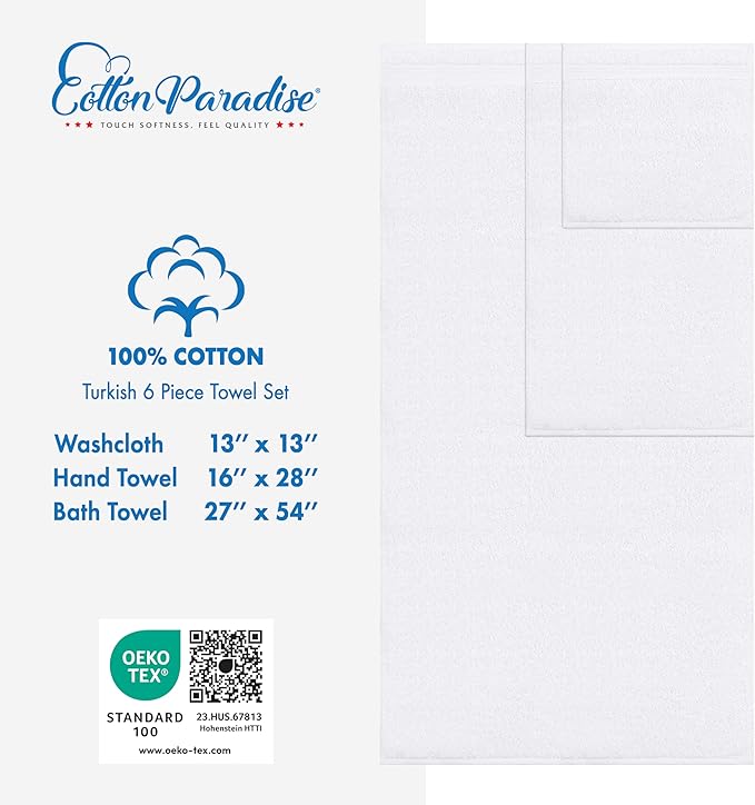 Cotton Paradise 6 Piece Towel Set, 100% Cotton Soft Absorbent Turkish Towels for Bathroom, 2 Bath Towels 2 Hand Towels 2 Washcloths, White Towel Set