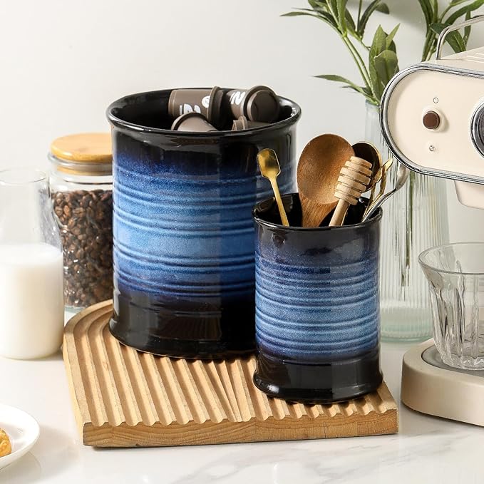 Nihow Utensil Holder: 7.2"+6.4" Ceramic Kitchen Utensil Holder for Countertop, Large Cooking Utensil Crocks for Kitchen Counter, Morden Utensil Organizer for Spatula, Set of 2, Elegant Blue & Black