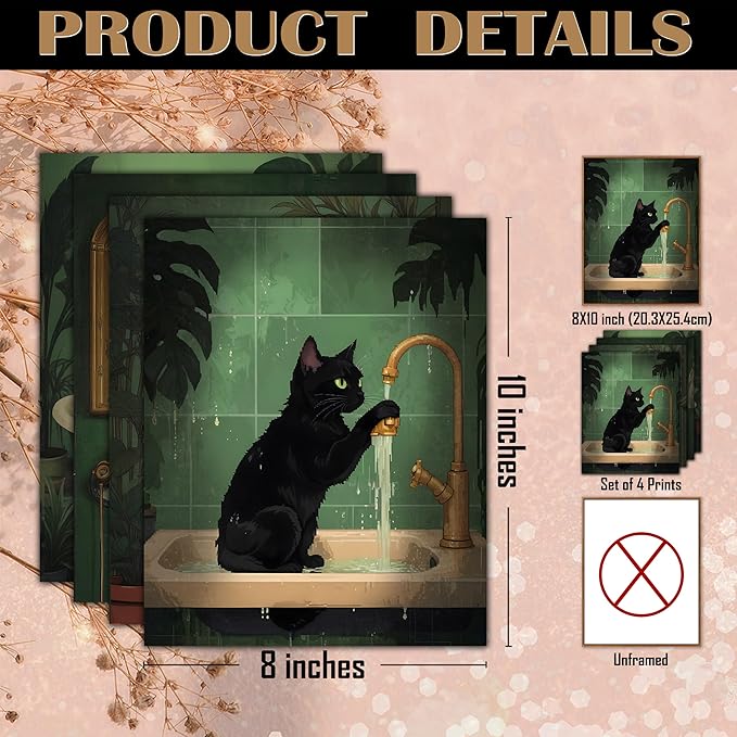 FITIE Funny Black Cat Bathroom Wall Art Prints Set of 4, Funny Black Cat Reading on Toilet Bathtub Wall Art Posters for Bathroom Washroom Restroom Decor, 8x10 Unframed