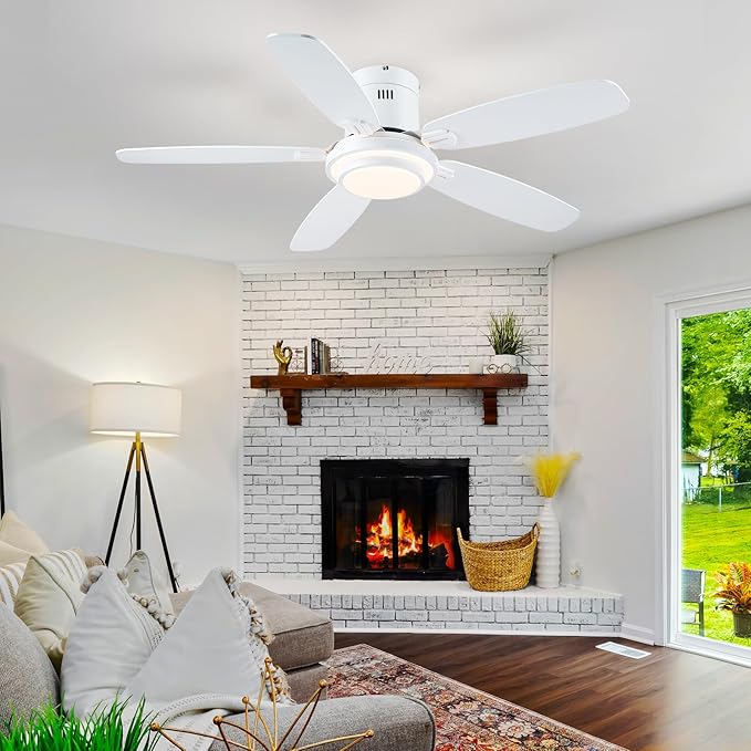 Low Profile Ceiling Fan with Lights and Remote/APP, 50 Inch Modern Flush Mount Ceiling Fan with 3CCT 6-Speeds Quiet DC Motor,Dimmable 3-Color Temperatures for Living Room Bedroom(White)