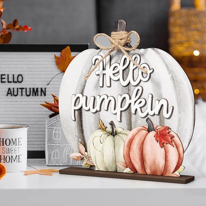 Soaoo Fall Decoration Wooden Fall Hello Pumpkin Sign Autumn Pumpkin Table Decor 11 Inch Wooden Autumn Desktop Ornament for Farmhouse Home Living Room Harvest Day Thanksgiving Decor(Grey,Cute)