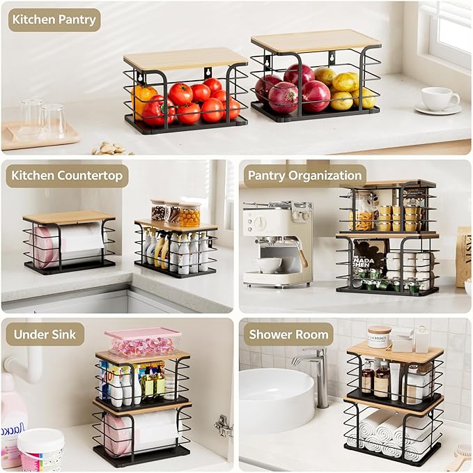 2 Pack Potato and Onion Storage Bin,Stackable Pantry Organizers and Storage with PP Liner and Bamboo Top,Kitchen Organization Counter Basket for Fruits,Produce,Vegetable, Black