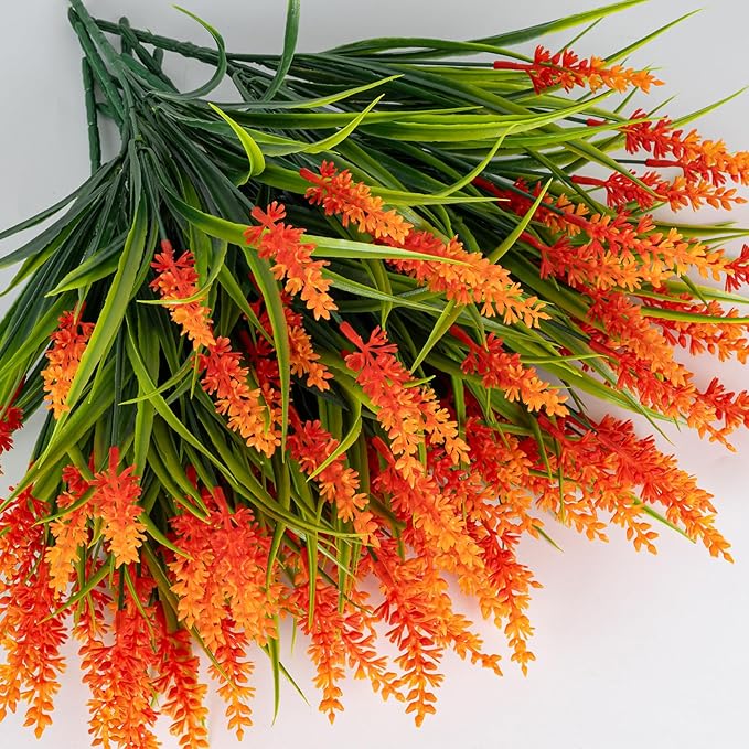 Artificial Fall Flowers for Outdoor Plants 12 Bundles Fake Lavender Plastic Faux Monkey Grass for Verandah Window Garden Office Patio Front Porch UV Resistant for Planter(Orange)