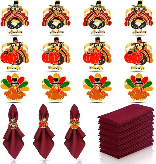KPOSIYA 12 pcs Thanksgiving Napkin Rings with 12 Napkins, Vintage Alloy Turkey Napkin Ring Holders for Holiday Dinner Parties, Fall,Weddings, Family Gatherings